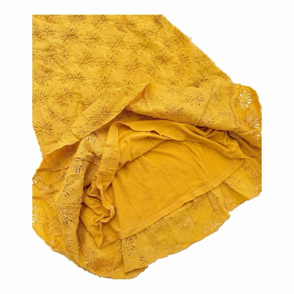 Free People Anthro Mustard Yellow Eyelet Dress Small Square Neck Cap Sleeve Boho